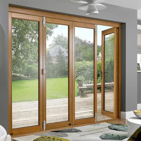 2018 golden oak color aluminum sliding and folding window door with double glass made in Guangzhou on China WDMA