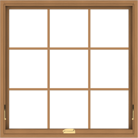 WDMA 40x40 (39.5 x 39.5 inch) Oak Wood Dark Brown Bronze Aluminum Crank out Awning Window with Colonial Grids Interior