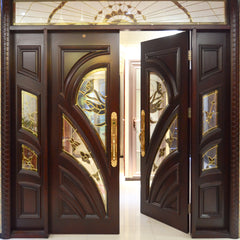 HS-YH8112 latest main gate designs for house mahogany main teak wood double door design wooden front door beautiful iron gate on China WDMA