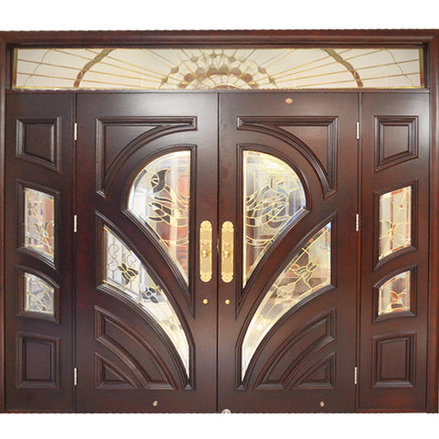 HS-YH8112 latest main gate designs for house mahogany main teak wood double door design wooden front door beautiful iron gate on China WDMA