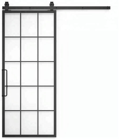 Frosted Glass Interior Door With Black Steel Frame, Steel insulated sliding barn door with hardware