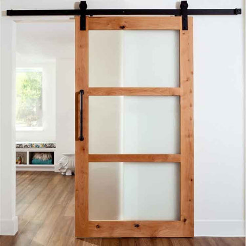Three frosted glass panel unfinished knotty glazed barn door with sliding door hardware on China WDMA