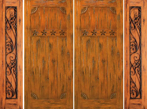 WDMA 100x80 Door (8ft4in by 6ft8in) Exterior Knotty Alder Front Prehung Double Door with Two Sidelights Carved 1