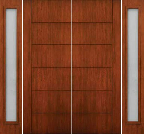 WDMA 108x96 Door (9ft by 8ft) Exterior Cherry 96in Contemporary Lines Single Vertical Grooves Double Fiberglass Entry Door Sidelights 1