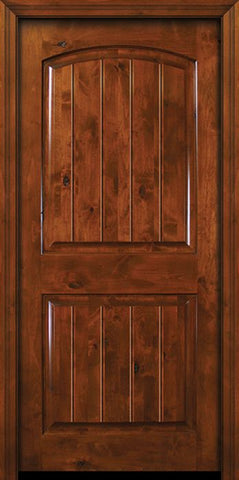 WDMA 32x80 Door (2ft8in by 6ft8in) Exterior Knotty Alder 80in Arch 2 Panel V-Grooved Estancia Alder Door 2