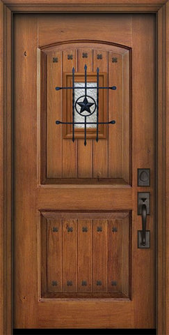 WDMA 32x80 Door (2ft8in by 6ft8in) Exterior Knotty Alder IMPACT | 80in 2 Panel Arch V-Grooved Door with Speakeasy / Clavos 1