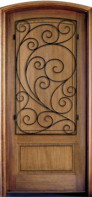 WDMA 34x78 Door (2ft10in by 6ft6in) Exterior Mahogany Trinity Solid Panel Single/Arch Top w Burlwood Iron 1