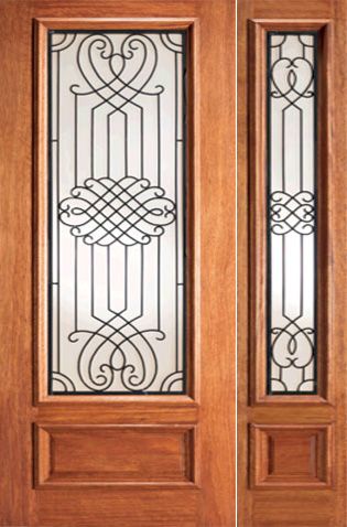 WDMA 38x80 Door (3ft2in by 6ft8in) Exterior Mahogany Designer Iron Scrollwork Glass Door One Sidelight 1