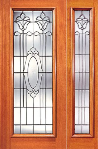 WDMA 38x80 Door (3ft2in by 6ft8in) Exterior Mahogany Single Door with One Sidelight Full Lite Twin Flower Design Glass 1