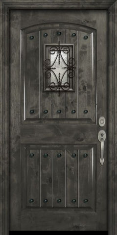 WDMA 42x80 Door (3ft6in by 6ft8in) Exterior Knotty Alder 42in x 80in Arch 2 Panel V-Grooved Estancia Alder Door with Speakeasy / Clavos 2
