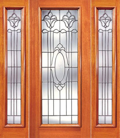 WDMA 52x96 Door (4ft4in by 8ft) Exterior Mahogany Single Door with Two Sidelight Full Lite Twin Flower Design Glass 1