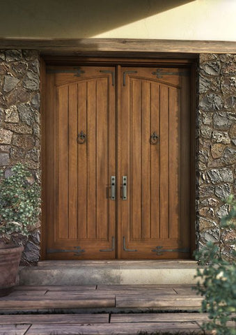 WDMA 56x80 Door (4ft8in by 6ft8in) Interior Swing Mahogany Arch Panel Rustic V-Grooved Plank Exterior or Double Door with Corner Straps / Straps 1
