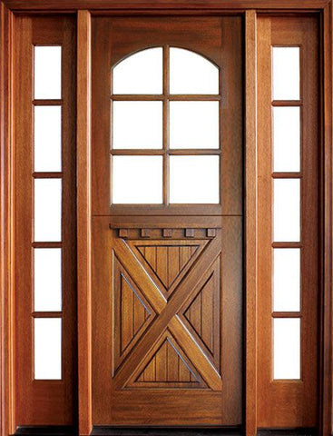 WDMA 56x96 Door (4ft8in by 8ft) Exterior Swing Mahogany Craftsman Crossbuck 6 Lite Arched Single Door/2Sidelight 1