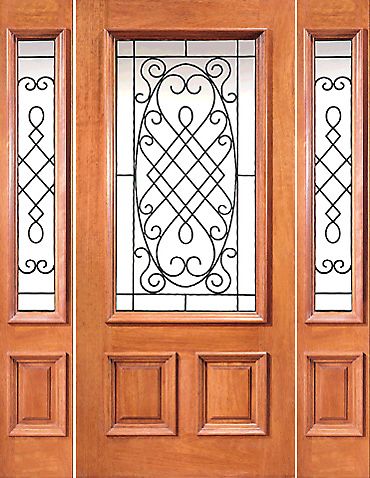 WDMA 60x80 Door (5ft by 6ft8in) Exterior Mahogany 3/4 Lite House Door with Two Sidelights Ironwork 1