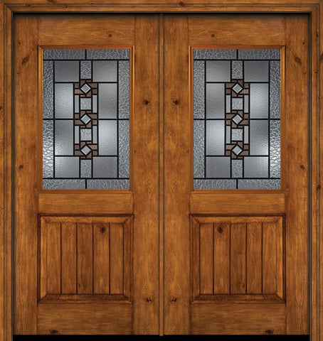 WDMA 60x80 Door (5ft by 6ft8in) Exterior Cherry Alder Rustic V-Grooved Panel 1/2 Lite Double Entry Door Mission Ridge Glass 1