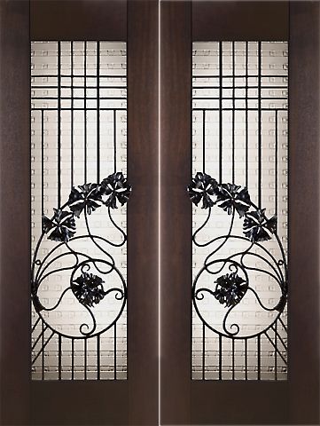 WDMA 60x96 Door (5ft by 8ft) Exterior Mahogany Pair of 2-1/4in Thick Art Nouveau Doors Wrought Iron Cast Glass 1