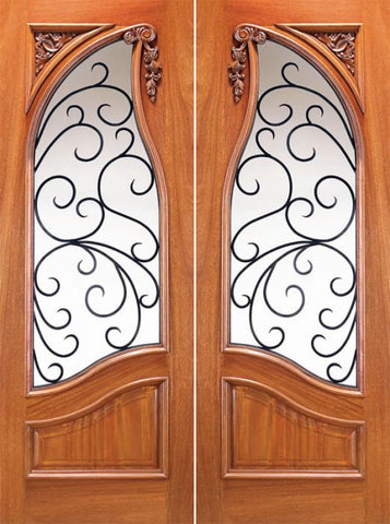 WDMA 60x96 Door (5ft by 8ft) Exterior Mahogany Carved Panel Solid Double Doors Forged Iron 1
