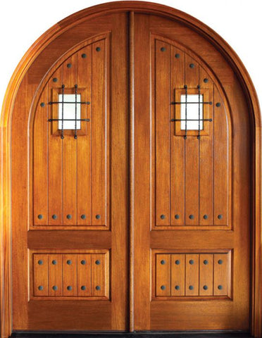 WDMA 64x96 Door (5ft4in by 8ft) Exterior Swing Mahogany Pinehurst Solid Panel Double Door/Round Top w Speakeasy 1
