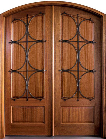 WDMA 68x78 Door (5ft8in by 6ft6in) Exterior Mahogany Tiffany Solid Panel Double Door/Arch Top w Lancaster Iron 1