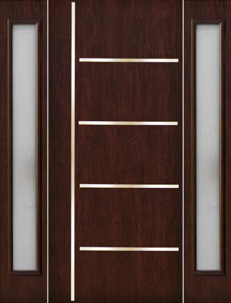 WDMA 70x80 Door (5ft10in by 6ft8in) Exterior Cherry Contemporary Stainless Steel Bars Single Fiberglass Entry Door Sidelights FC676SS 1