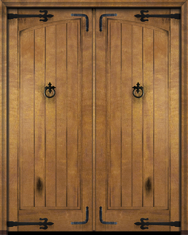 WDMA 72x84 Door (6ft by 7ft) Exterior Swing Mahogany Arch Panel Rustic V-Grooved Plank or Interior Double Door with Corner Straps / Straps 2
