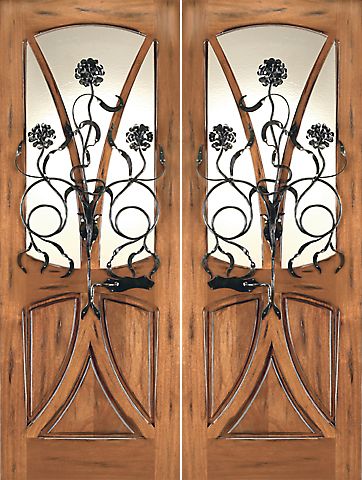WDMA 72x96 Door (6ft by 8ft) Exterior Mahogany AN-2004-2 Tree Lite Hand Carved Art Nouveau Double Door Forged Iron 1