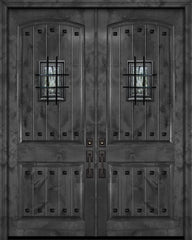 WDMA 84x96 Door (7ft by 8ft) Exterior Knotty Alder 42in x 96in Double Arch 2 Panel V-Grooved Estancia Alder Door with Speakeasy / Clavos 1