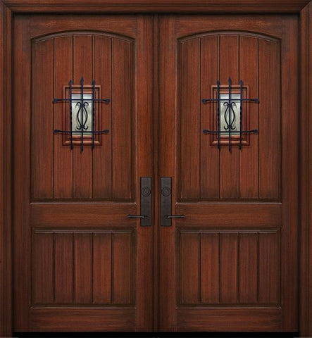 WDMA 84x96 Door (7ft by 8ft) Exterior Mahogany 42in x 96in Double 2 Panel Arch V-Groove Door with Speakeasy 1