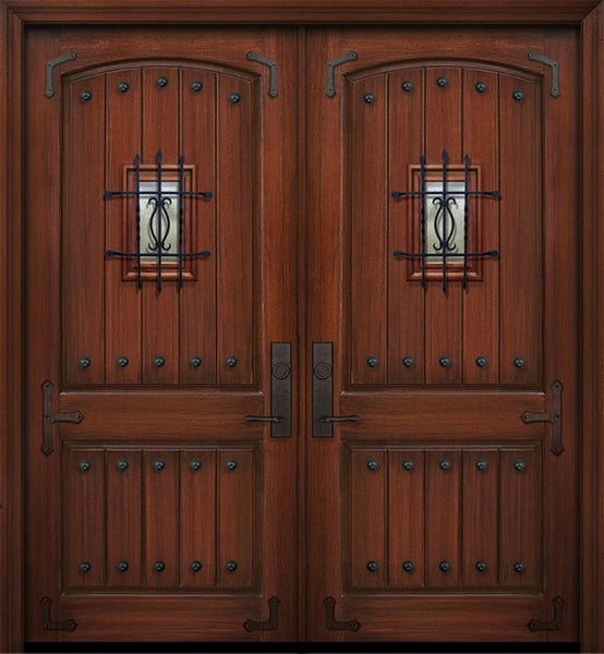 WDMA 84x96 Door (7ft by 8ft) Exterior Mahogany 42in x 96in Double 2 Panel Arch V-Groove Door with Speakeasy Straps / Clavos 1