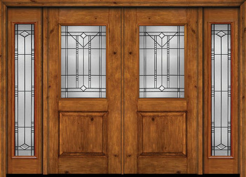 WDMA 88x80 Door (7ft4in by 6ft8in) Exterior Cherry Alder Rustic Plain Panel 1/2 Lite Double Entry Door Sidelights Full Lite Riverwood Glass 1