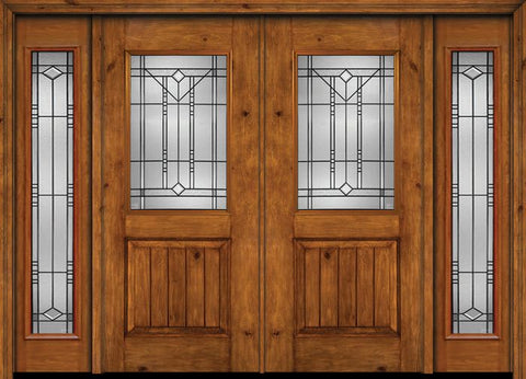 WDMA 88x80 Door (7ft4in by 6ft8in) Exterior Cherry Alder Rustic V-Grooved Panel 1/2 Lite Double Entry Door Sidelights Full Lite Riverwood Glass 1