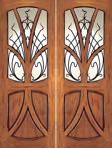 WDMA 96x120 Door (8ft by 10ft) Exterior Mahogany AN-2007-2 Tree Lite Hand Carved Art Nouveau Double Door Forged Iron 1