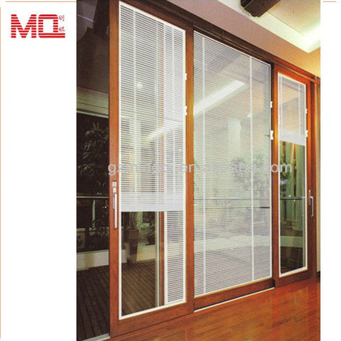 wood grain aluminum glass sliding door with built-in blinds on China WDMA